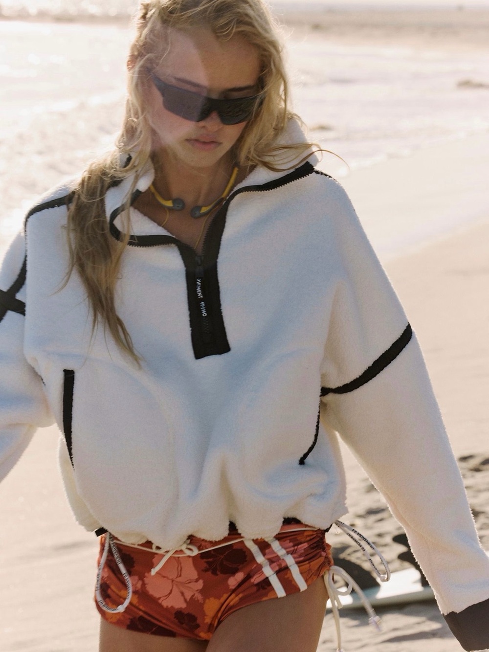 Free People Cream Sherpa Half-Zip Pullover with Black Trim
